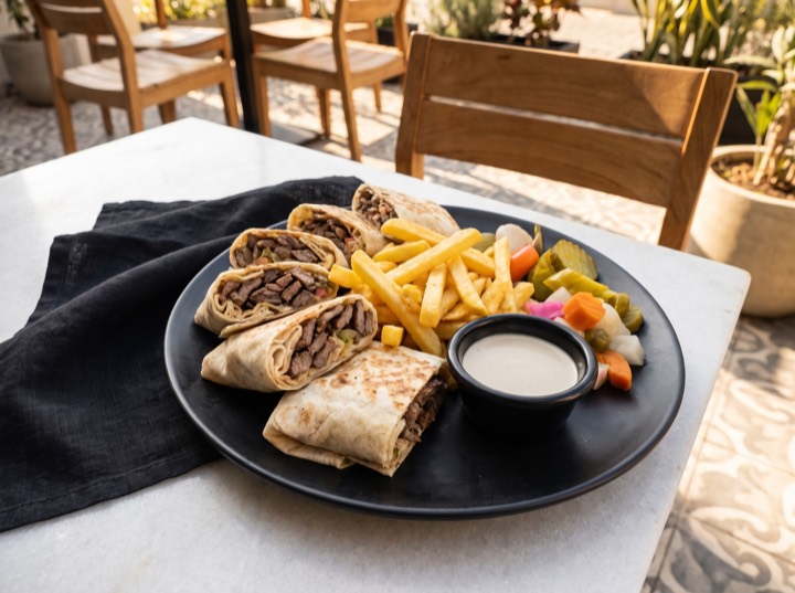 Steak Shawarma Wrap and French Fries